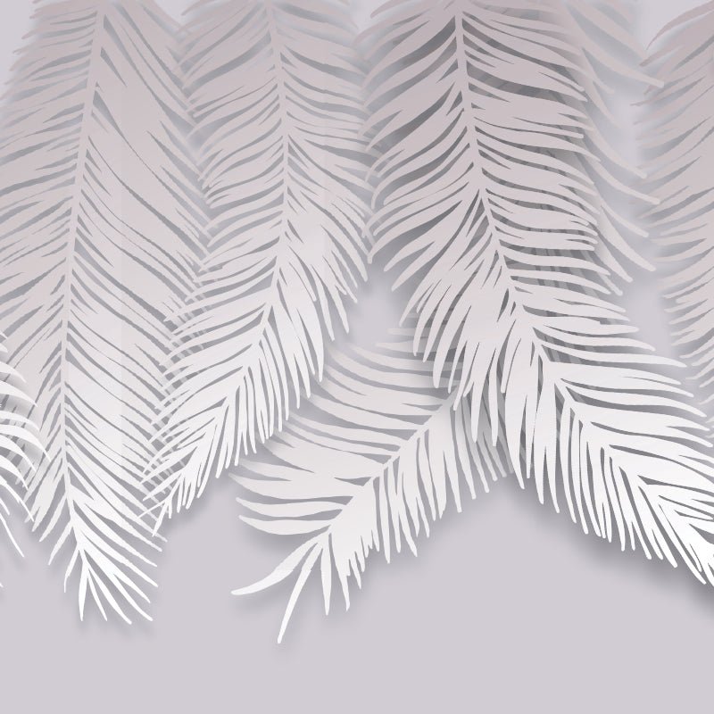 Halo Filigree – Soft grey and white palm frond wallpaper with layered shadow-effect tropical leaves – alternate view