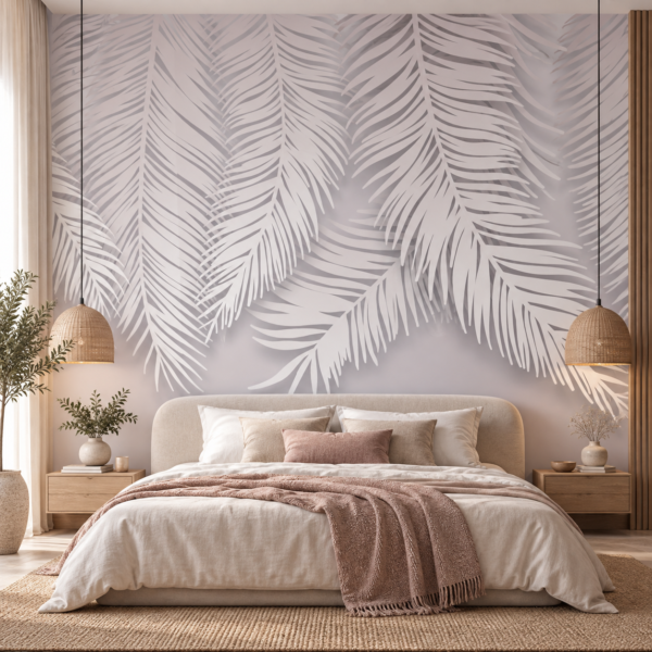Halo Filigree – Soft grey and white palm frond wallpaper with layered shadow-effect tropical leaves