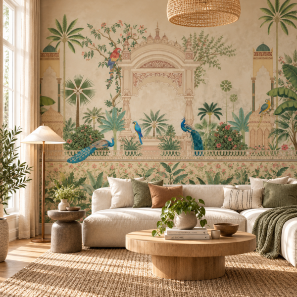 Jade Diwan – Elegant Indian heritage peacock wallpaper mural with ornate palace arches, lush tropical gardens and exotic birds