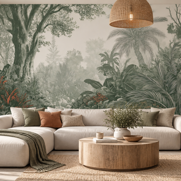Jade Ravine – Lush green tropical jungle wallpaper mural with towering trees, palms and misty layered foliage