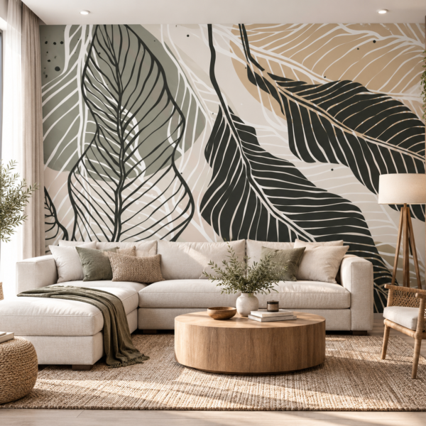 Olive Quills – Bold abstract tropical leaf wallpaper in beige, charcoal and muted olive with layered linework