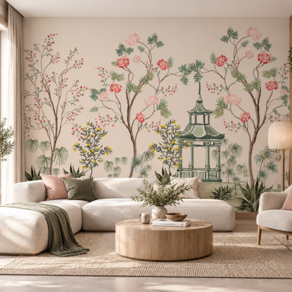Peony Pavilion – Elegant chinoiserie floral wallpaper mural with pink peonies, delicate blossom trees and an oriental pavilion on a warm beige background