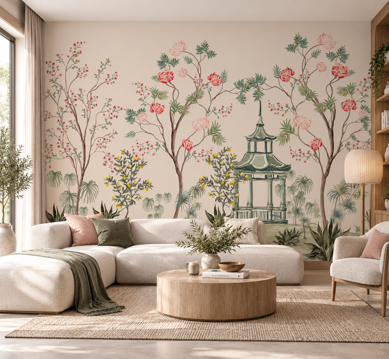 Peony Pavilion – Elegant chinoiserie floral wallpaper mural with pink peonies, delicate blossom trees and an oriental pavilion on a warm beige background