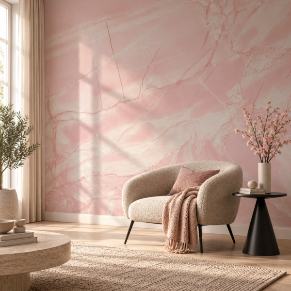 Petal Calcite – Soft pink marble wallpaper with flowing ivory veining and translucent stone-like layers