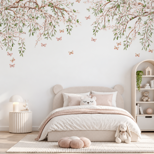 Petal Canopy – A soft botanical wallpaper with flowering branches, delicate green leaves and butterflies on a pale natural background
