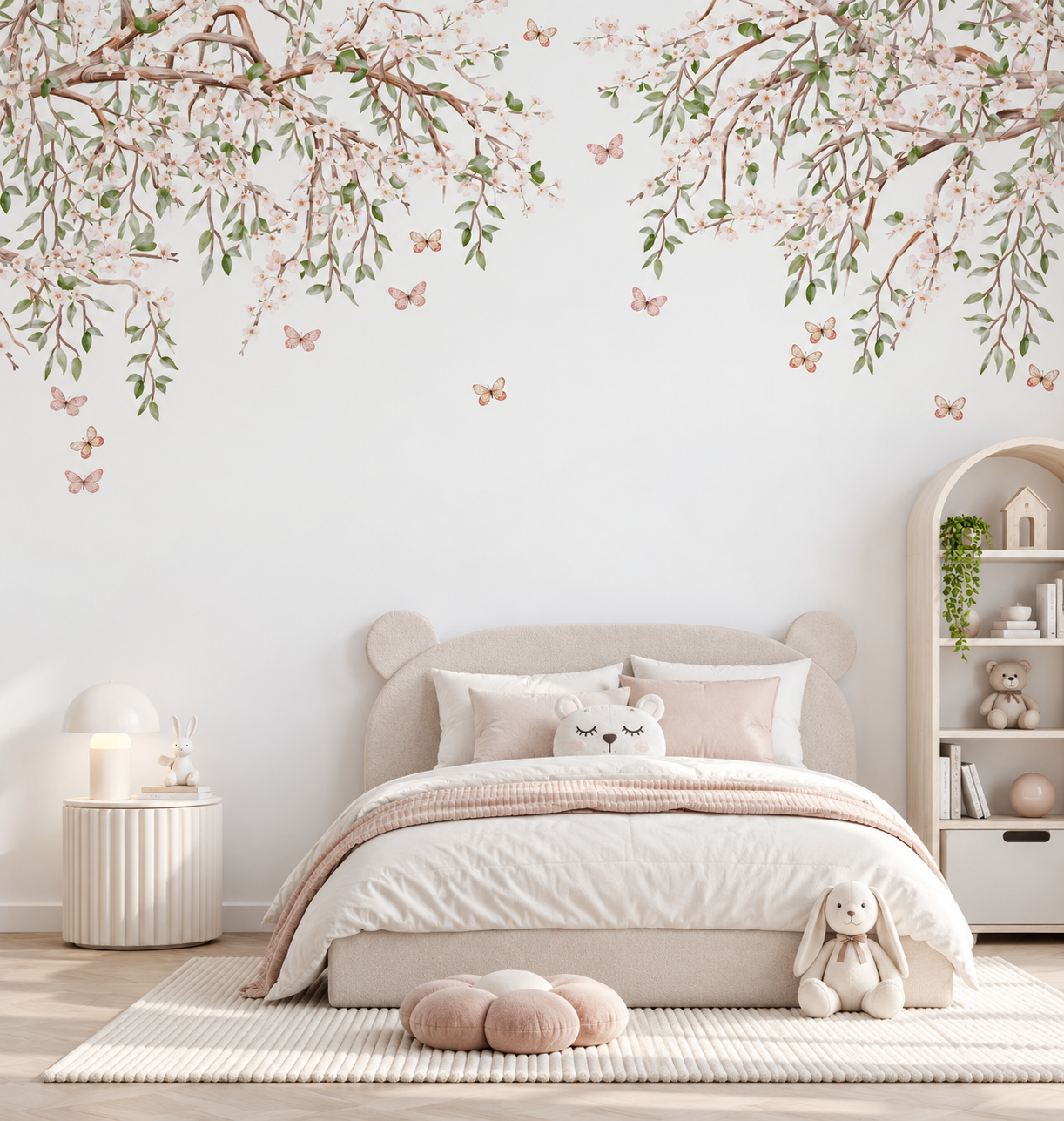 Petal Canopy – A soft botanical wallpaper with flowering branches, delicate green leaves and butterflies on a pale natural background