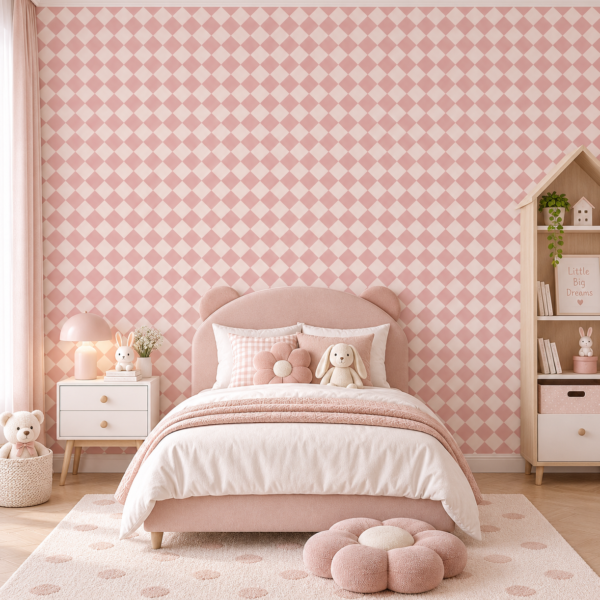 Pink Trellis – A soft pink harlequin wallpaper with repeating dusty-rose and warm cream diamond checks