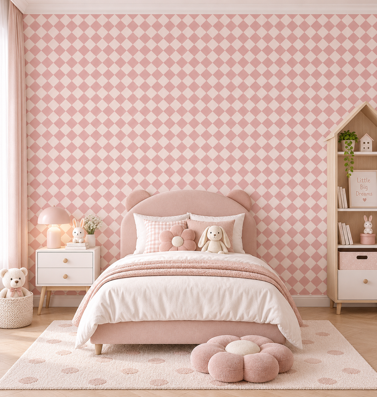 Pink Trellis – A soft pink harlequin wallpaper with repeating dusty-rose and warm cream diamond checks