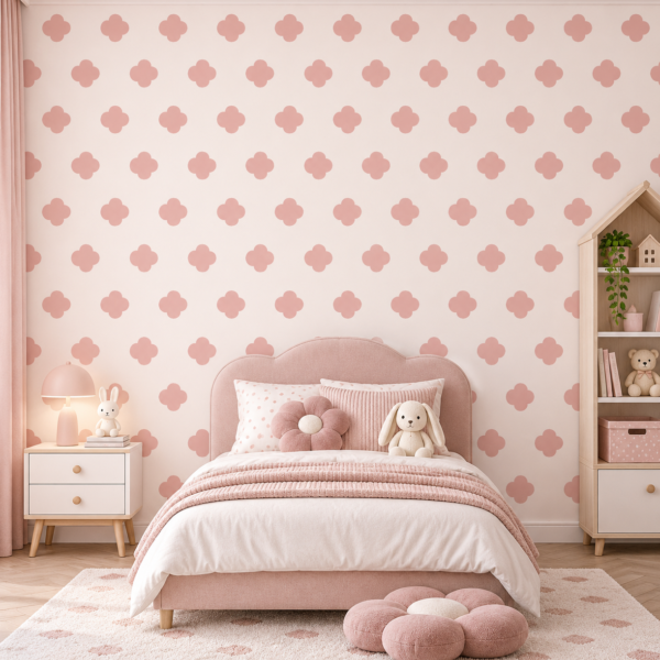 Rosy Meadow – A soft pink floral wallpaper with simple rounded flower motifs arranged in a neat repeating pattern on a warm cream background