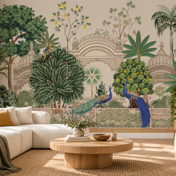 Saffron Haveli – Elegant Indian heritage peacock wallpaper mural with ornate Mughal arches, lush garden trees and tropical foliage