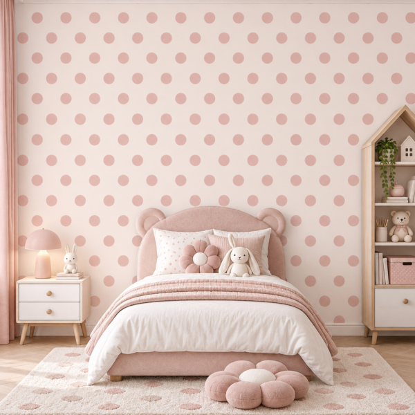 Soft Circles – A soft pink polka dot wallpaper with evenly spaced dusty-rose circles on a warm cream background