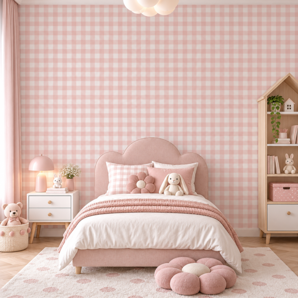 Soft Plaid – A soft pink gingham wallpaper with classic blush-and-cream checks in a neat repeating grid