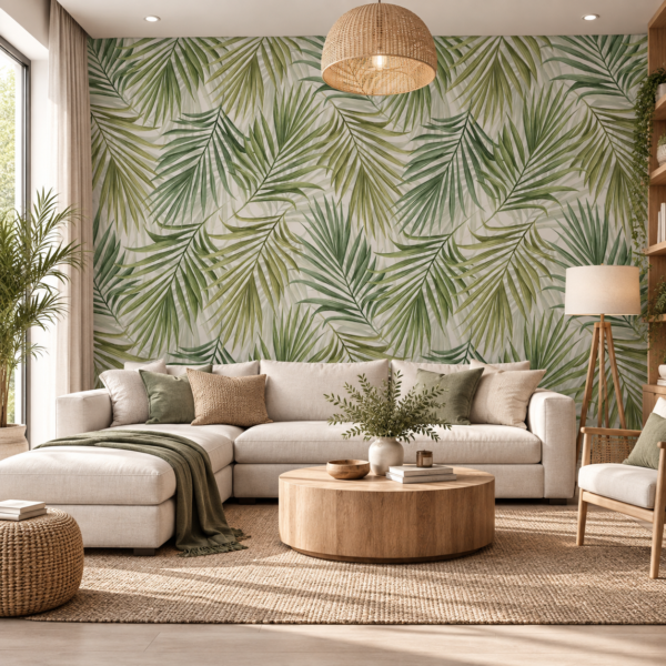 Verdant Sway – Fresh green tropical palm leaf wallpaper with layered olive and forest fronds on a light background